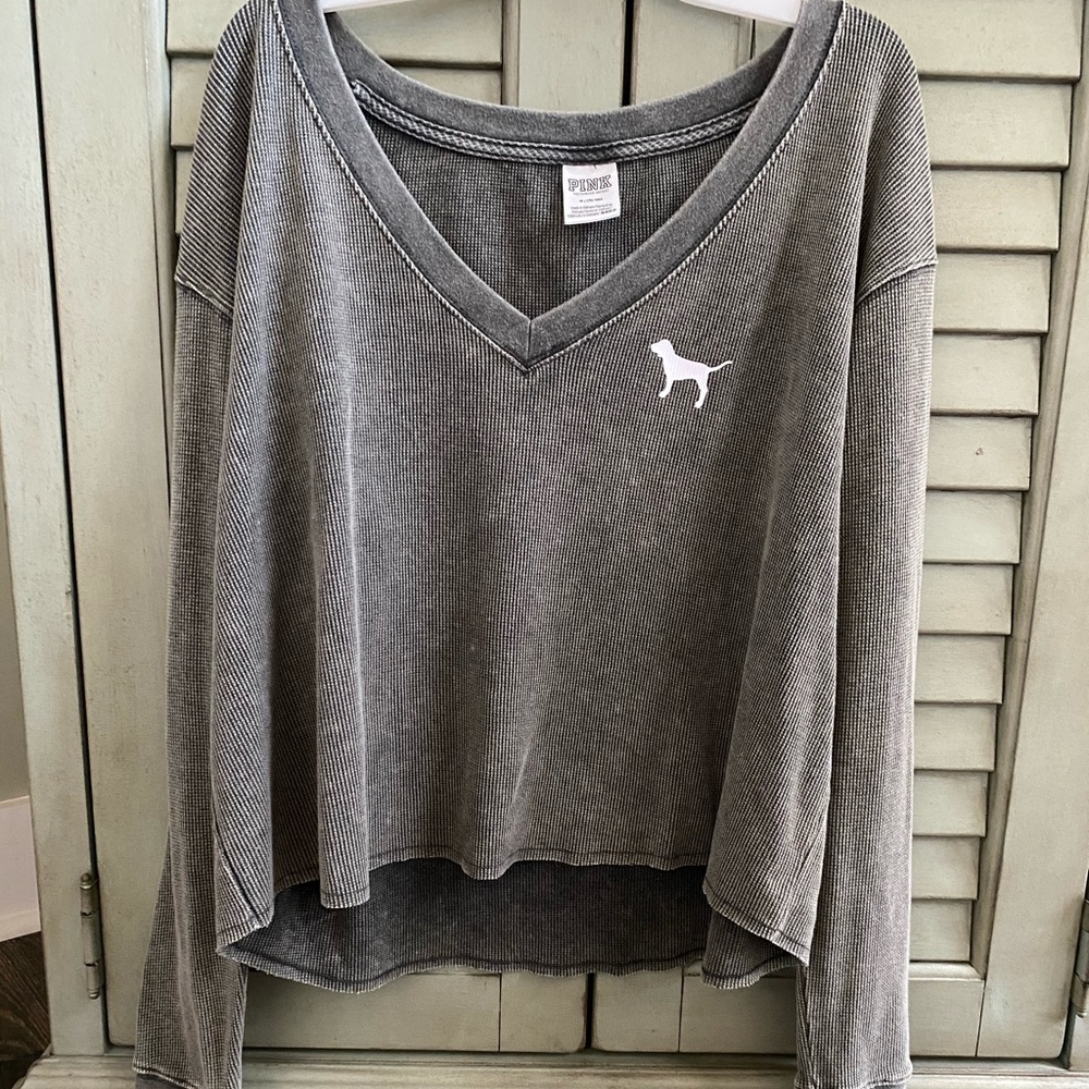 "PINK" Cropped waffle knit long sleeve